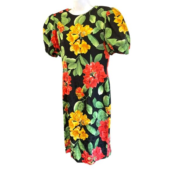 Vintage 1980s Adrianna Papell Tropical Floral Short Sleeve Silk Dress Size 10 - Picture 2 of 8